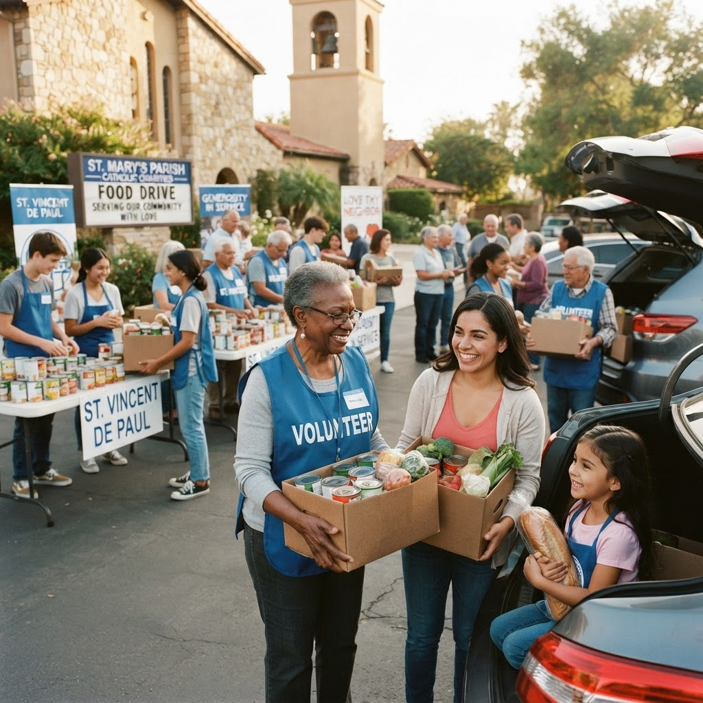 Volunteers serving together at a Catholic parish charity event